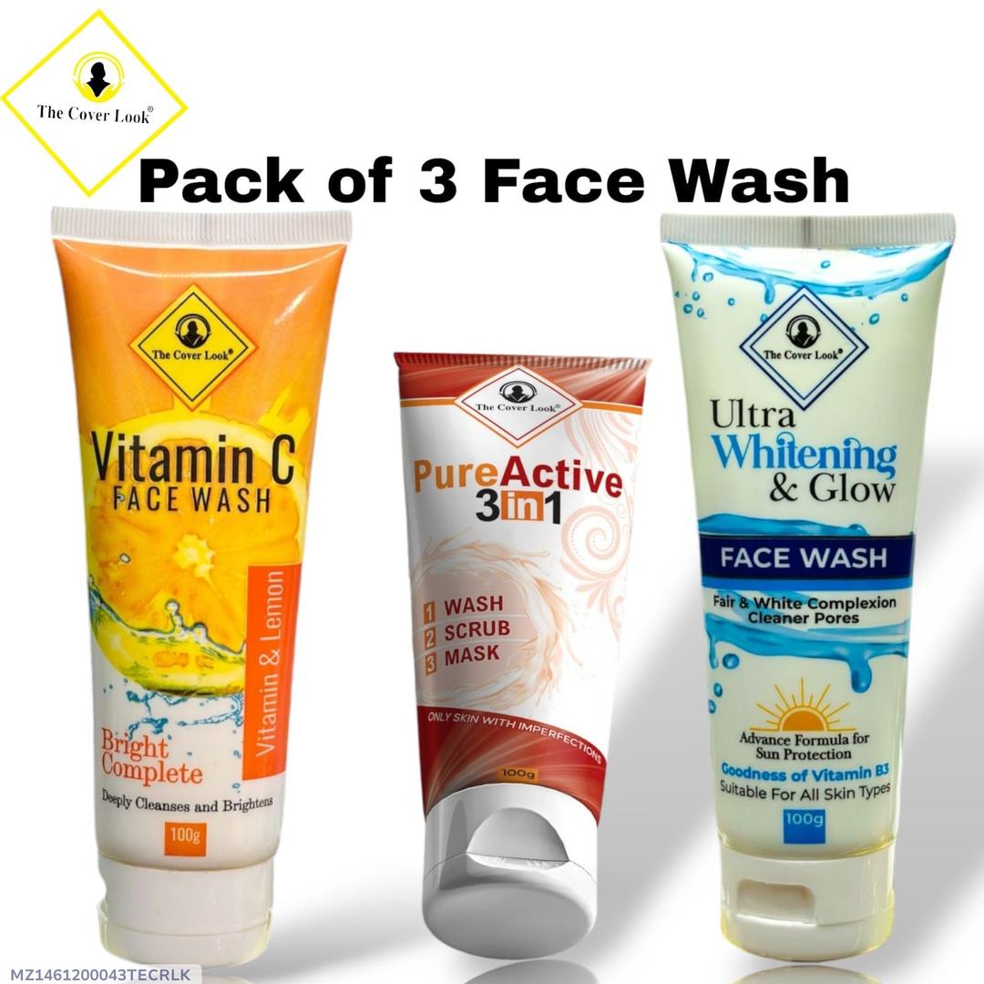 The Cover Look Face Wash Combo – Pack of 3 (Vitamin C, PureActive 3-in-1, Ultra Whitening & Glow) – 100g Each